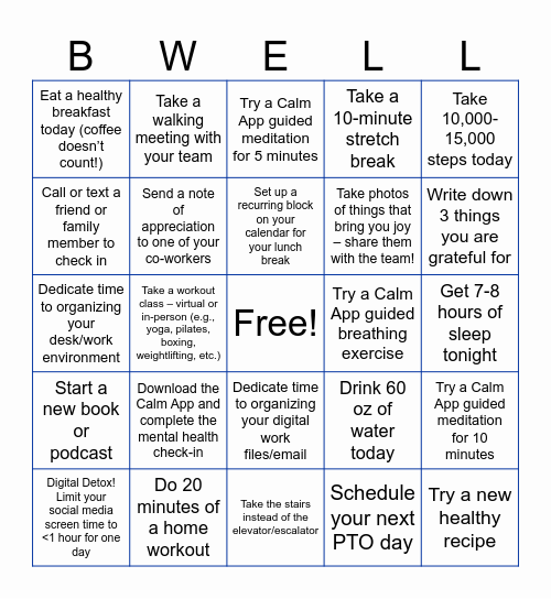 Corporate HR Wellness Bingo Card