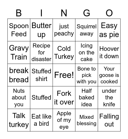 Thanksgiving idioms bingo Card