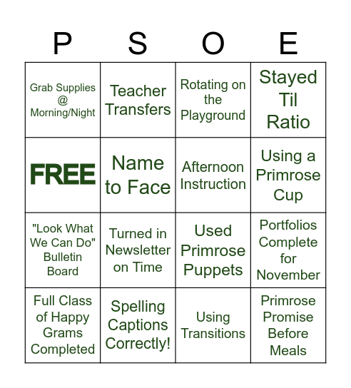 Primrose School of Exton Bingo Card