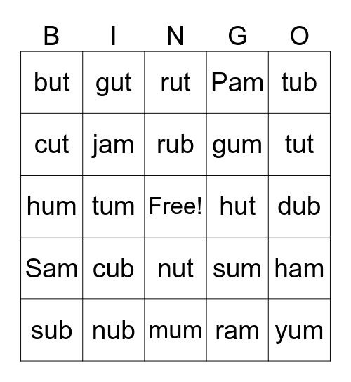 Short u Word Families Bingo Card