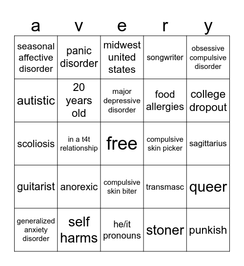 avery’s bingo Card