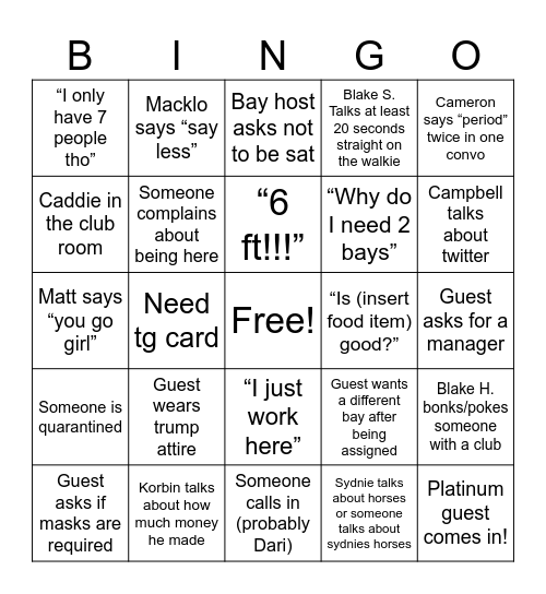 Topgolf bingo Card