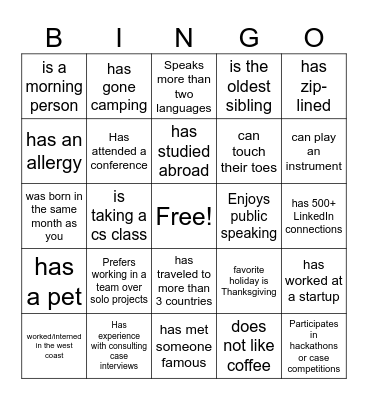 Mocktails & Networking Bingo Card