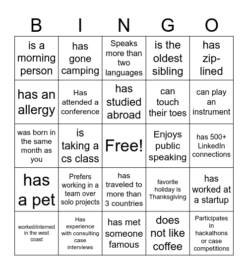 Mocktails & Networking Bingo Card