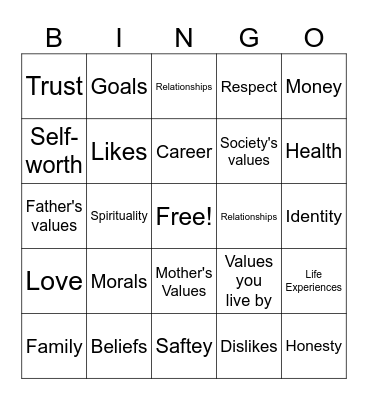 Values Bingo Card