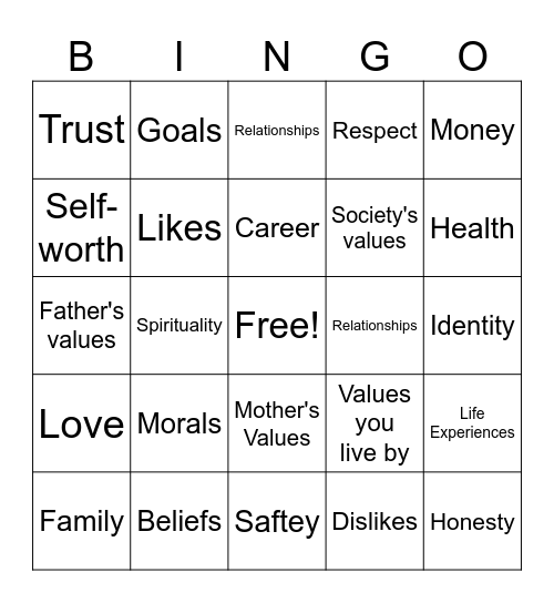 Values Bingo Card