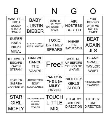 MUSIC BINGO POP ROUND Bingo Card
