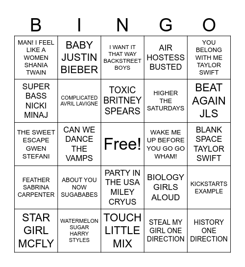 MUSIC BINGO POP ROUND Bingo Card