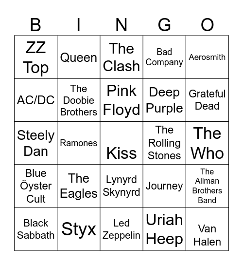 70's Rock Bingo Card