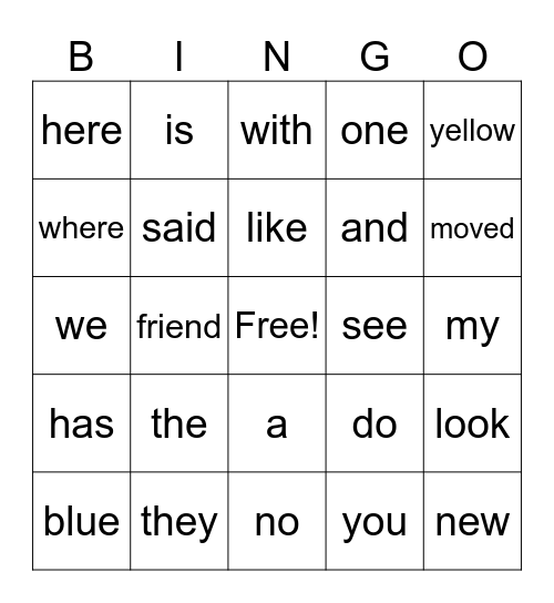 DRA Sight Words Bingo Card