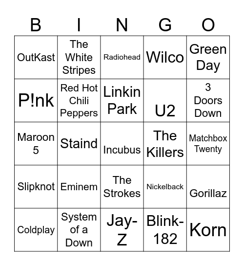 2000's Top Tracks Bingo Card