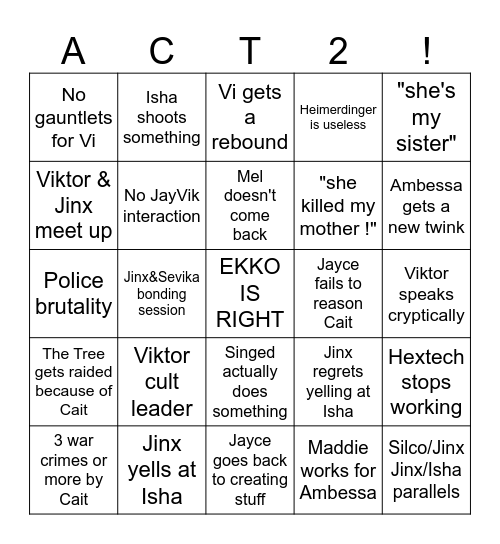 Arcane s2 watchparty !! Bingo Card