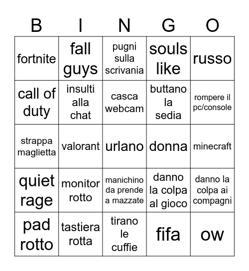 Gamer Rage Bingo Card