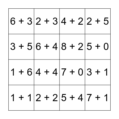 Addition Bingo Card