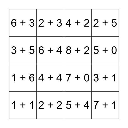 Addition Bingo Card