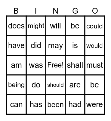 Helping Verbs Bingo Card