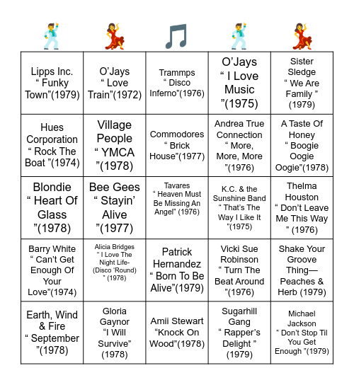 DISCO HITS OF THE 1970'S Bingo Card