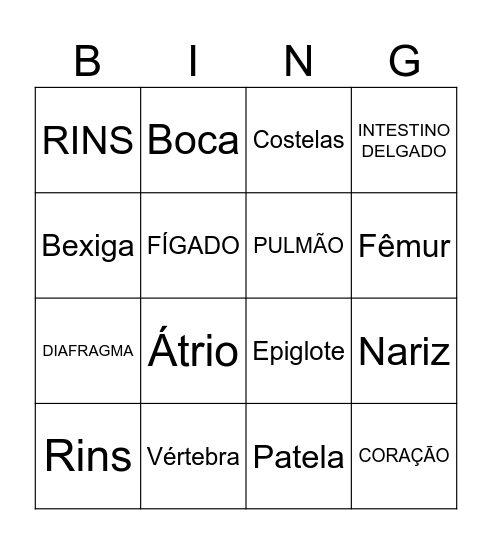 Sistemas do Corpo Humano Bingo Card