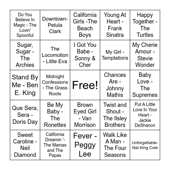 1950's & 1960's Music Bingo Card