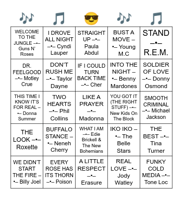 SONGS FROM 1989 Bingo Card