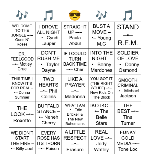 SONGS FROM 1989 Bingo Card