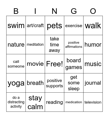 Coping Skills Bingo Card