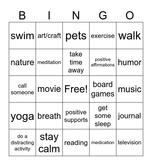 Coping Skills Bingo Card