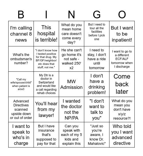 Case Management Bingo Card