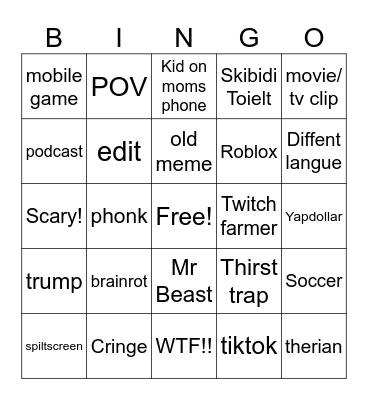Youtube Shorts Bingo Card