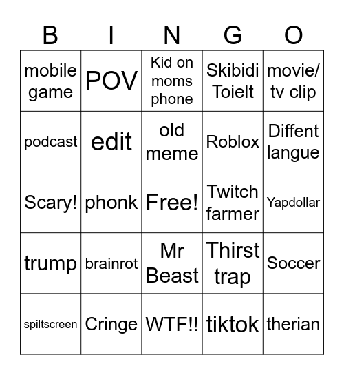 Youtube Shorts Bingo Card