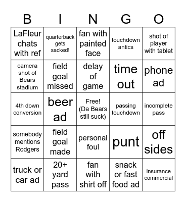 Packers vs. Da Bears 11-17-24 Bingo Card