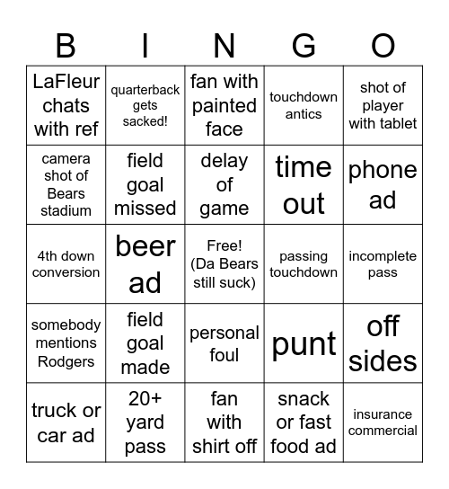 Packers vs. Da Bears 11-17-24 Bingo Card