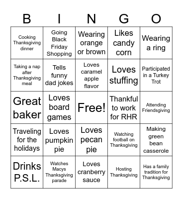 A.R. Thanksgiving Bingo Card