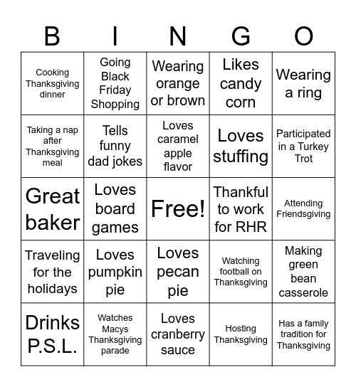 A.R. Thanksgiving Bingo Card