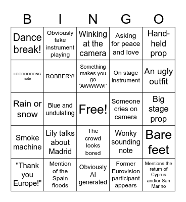 Junior Eurovision Bingo Card