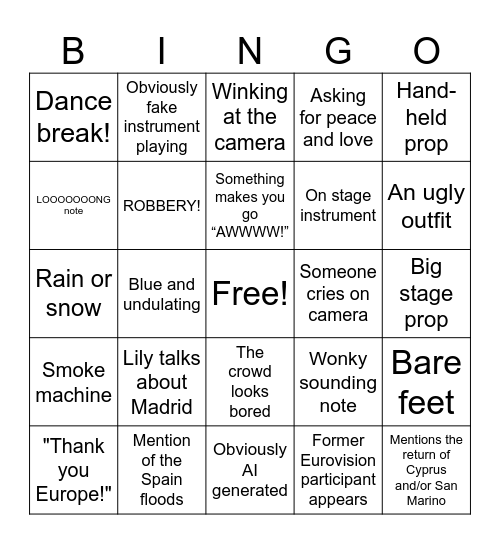 Junior Eurovision Bingo Card