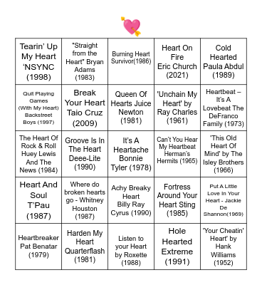 SONGS WITH "HEART" IN THE TITLE Bingo Card