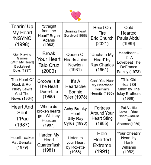 SONGS WITH "HEART" IN THE TITLE Bingo Card