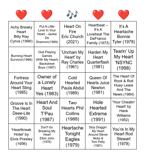 SONGS WITH THE WORD HEART IN THE TITLE Bingo Card