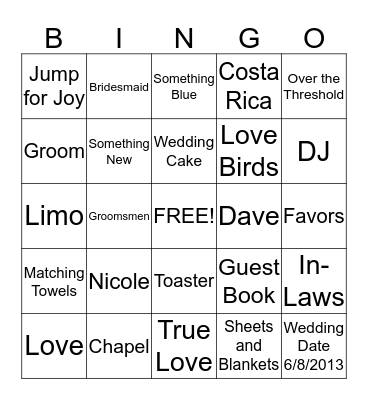 Whipps Bridal Shower Bingo Card