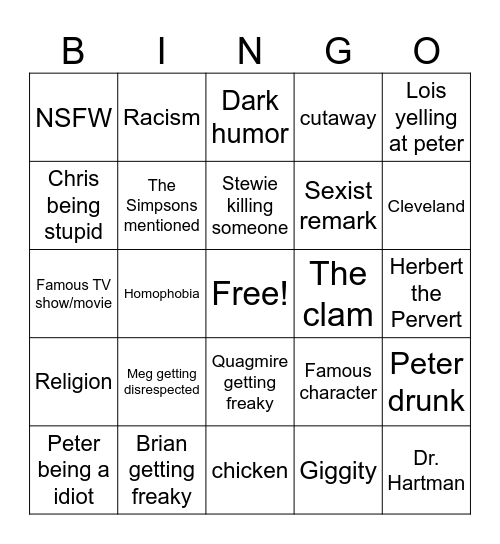 Family Guy Bingo Card