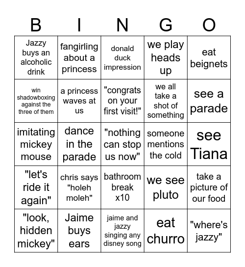 Disney Bingon Bingo Card