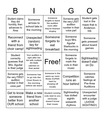 Pre-Area Audition Bingo Card