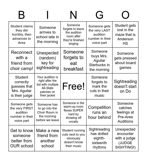 Pre-Area Audition Bingo Card