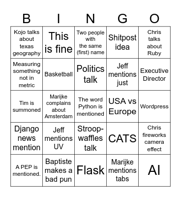 Jeff's office hours Bingo Card