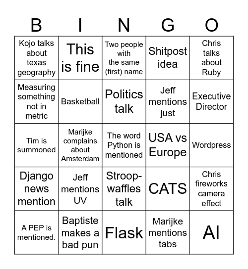 Jeff's office hours Bingo Card