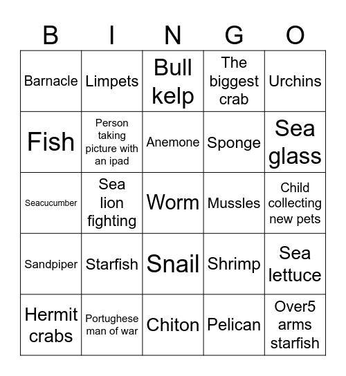 Bowling lab tidepooling bingo Card