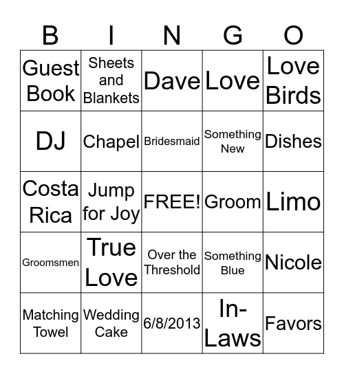 Whipps Bridal Shower Bingo Card