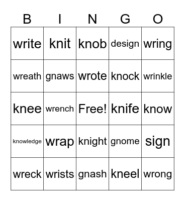 silent letters - kn, wr, gn Bingo Card