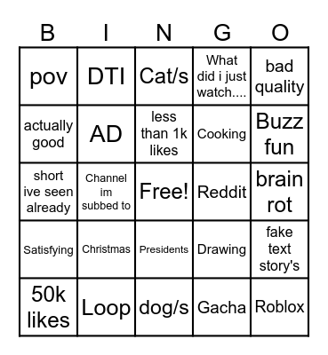 YT shorts bingo! Bingo Card